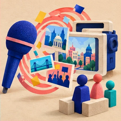 A cobalt microphone and cream camera carry firsthand city stories toward a small listening audience