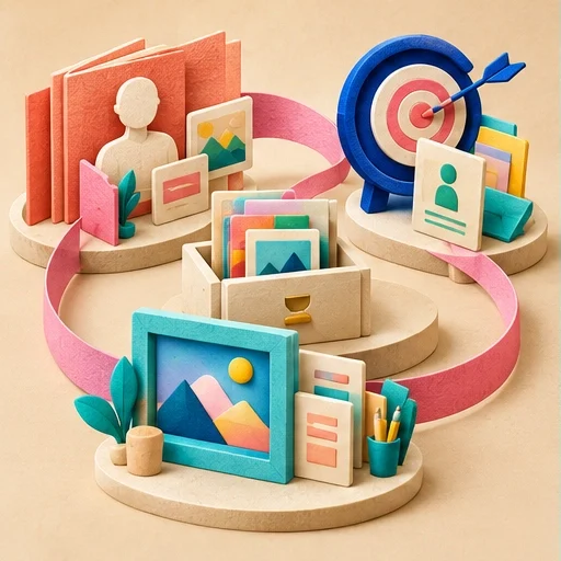 A career archive, targeting lens and portfolio gallery connect through one pink ribbon in a three-specialist studio
