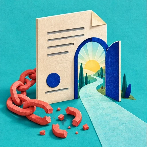 A broken coral chain and cream document become an open doorway and a clear turquoise path