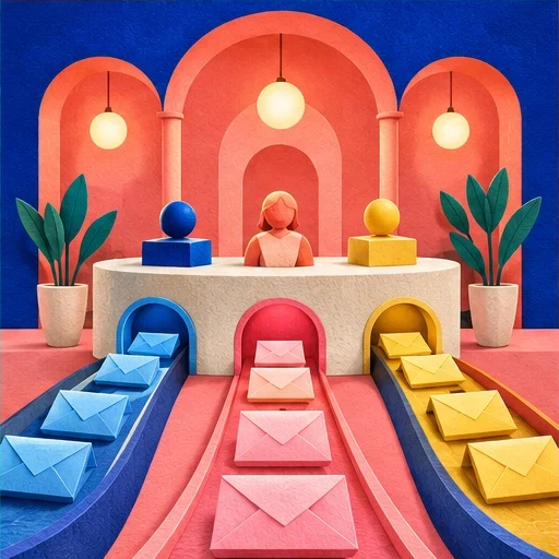 Colorful message envelopes move through clear lanes toward a welcoming reception desk