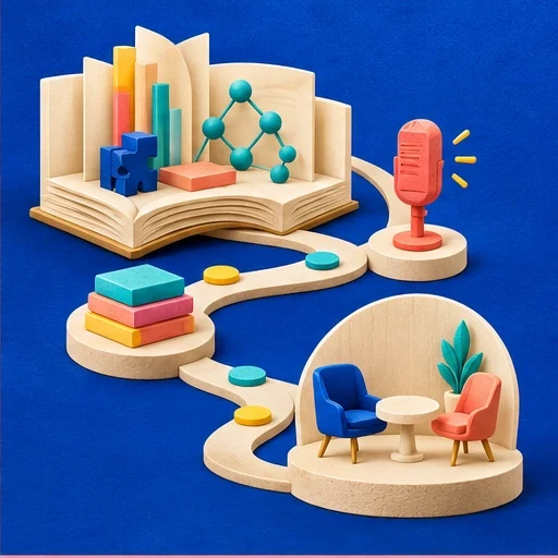 An open-book amphitheater connects coding puzzles, a system-design network and a microphone to a small interview setting