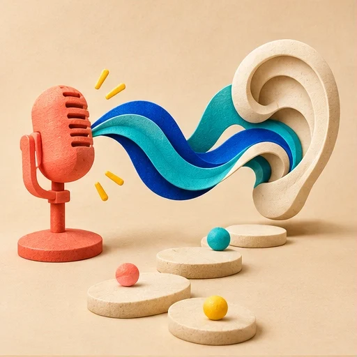 A coral microphone and cream acoustic form connect through flowing sound ribbons above rhythmic stepping stones