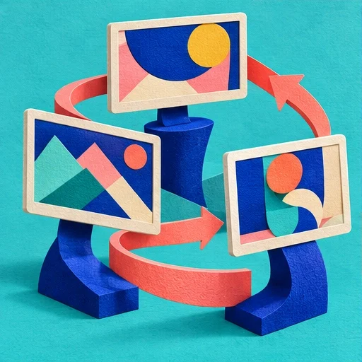 Three sculptural display frames rearrange around flowing coral ribbons