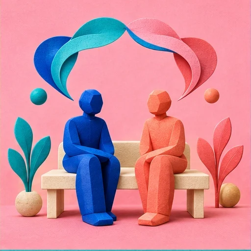 Two colorful figures sit together on a cream bench beneath gently meeting conversation ribbons