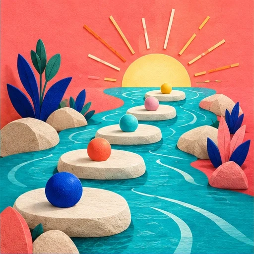 Colorful milestones follow cream stepping stones across a turquoise stream toward a coral sunrise