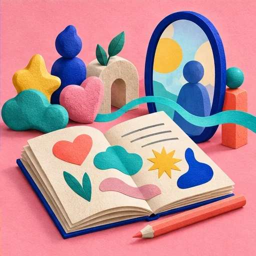 An open journal and cobalt mirror sit among colorful reflection shapes and a gentle pulse ribbon