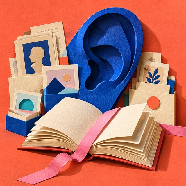 Original tactile illustration for Edie: an open book and a listening ear on a warm coral background