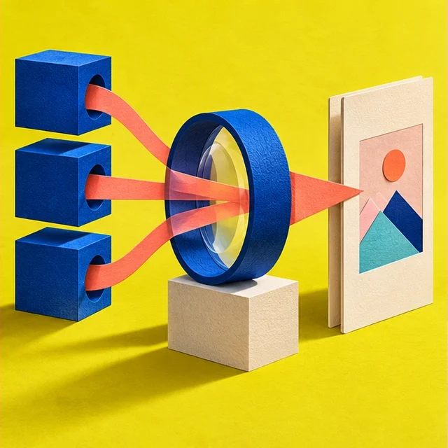 Original tactile illustration for Hugo: a magnifying lens and a focused application folio on bright yellow