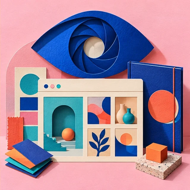 Original tactile illustration for Iris: an eye-shaped aperture and a website gallery in cobalt, turquoise, and pink