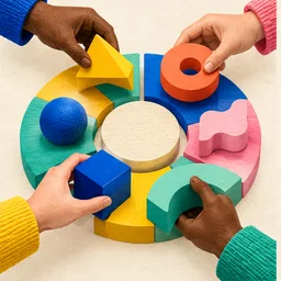 Hands collaborating around modular work