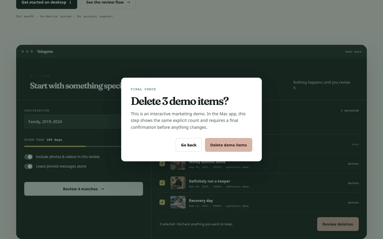 Telegone confirmation preview before deleting messages