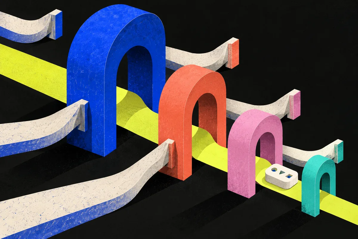 Successively smaller sculptural gates narrow a token’s path through a clear permission boundary