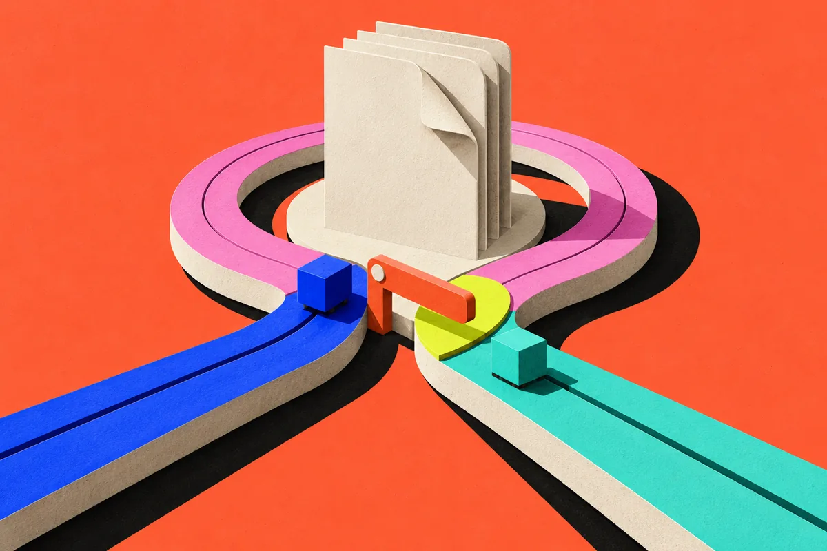 Two colorful work tracks meet at a single cream document beneath a clear access gate