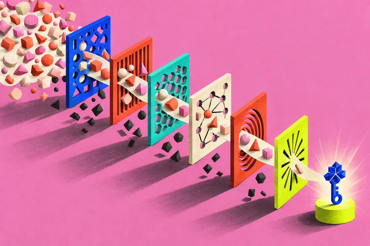 A field of colorful candidates passes through successive sculptural filters until one specialist piece remains