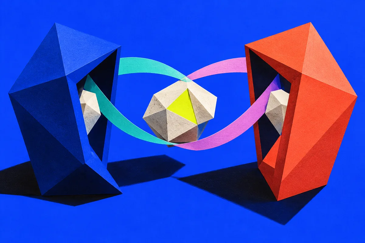 Two opposing inspection prisms exchange views and reveal a bright hidden facet of a shared artifact