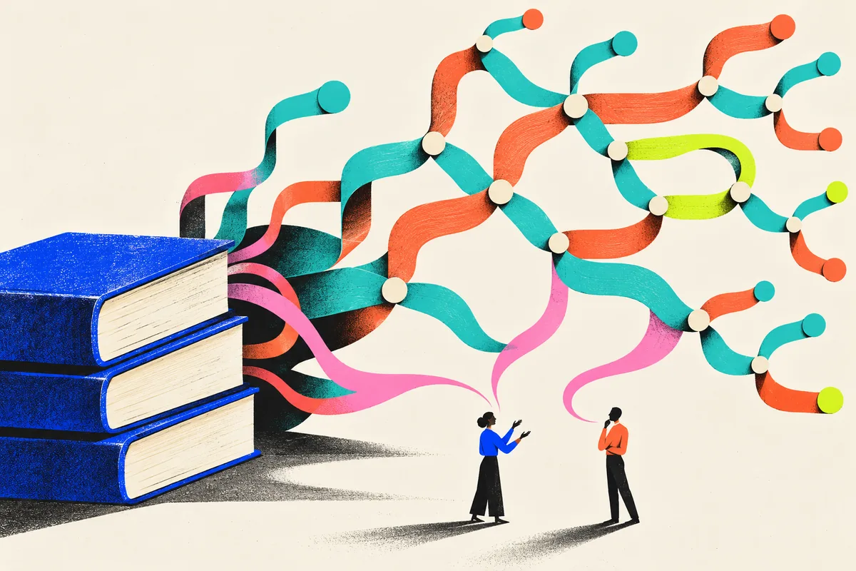 A guided conversation draws a branching conditional decision sculpture out beyond a stack of closed books